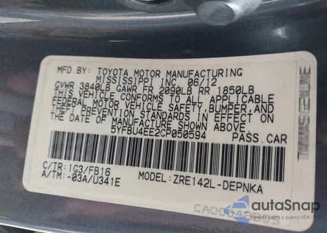 2012 Toyota Corolla Le from USA, damaged, VIN 5YFBU4EE2CP050594